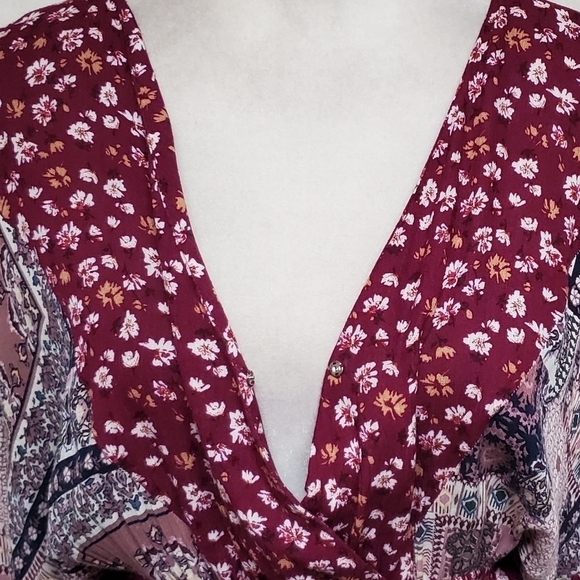 BOHO Anthropologie GiGiO USA Wine Floral Mixed Print Surplice V-neck Dress Small - Picture 4 of 14